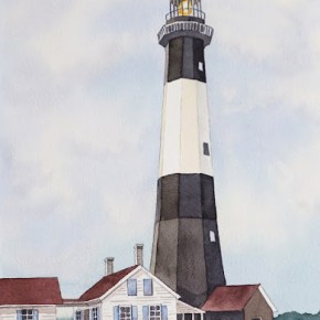 watercolor painted lighthouse with buildings in front with red roofs