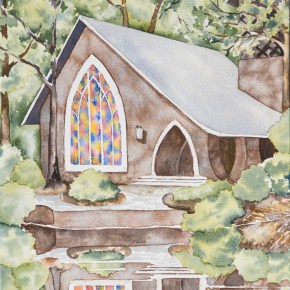 Brenda Stevens Watercolor Crashcourse! Painting of the Callaway Chapel at Callaway Gardens. Chapel with a lake in front and a stained glass window
