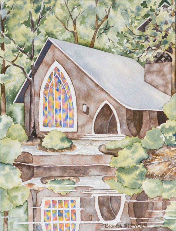 Brenda Stevens Watercolor Crashcourse! Painting of the Callaway Chapel at Callaway Gardens. Chapel with a lake in front and a stained glass window