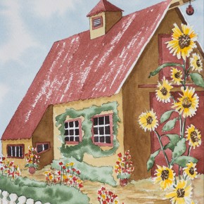 Brenda Stevens Watercolor Creashcourse! Victory Garden Barn painting. Yellow House with red roof, white fence in front with sunflowers.