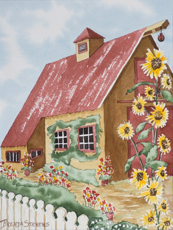 Brenda Stevens Watercolor Creashcourse! Victory Garden Barn painting. Yellow House with red roof, white fence in front with sunflowers.