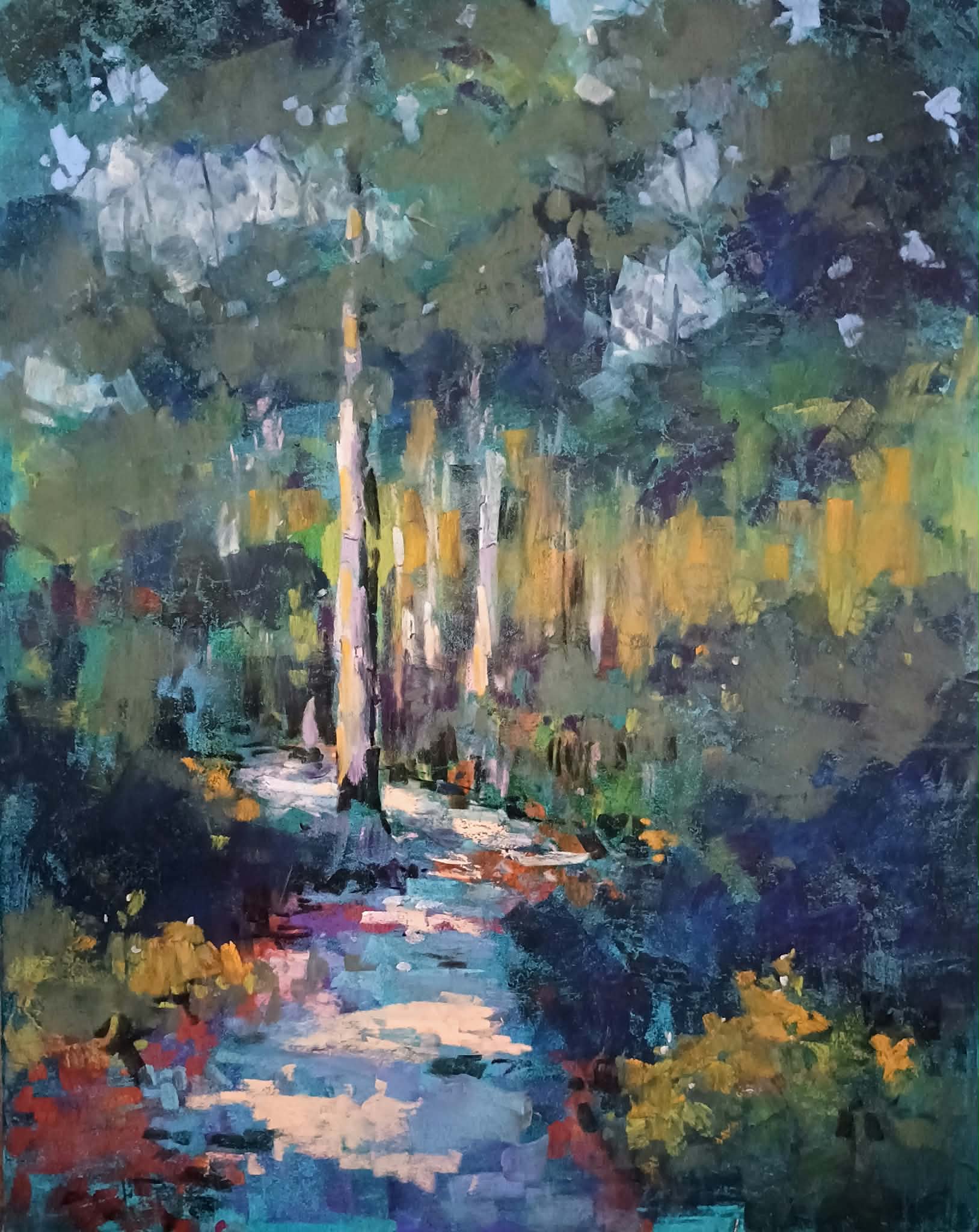 Artwork by Preston King, river path down wooded area
